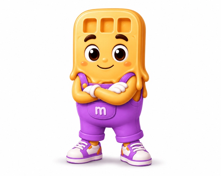 The mellowaffle mascot — a friendly waffle character